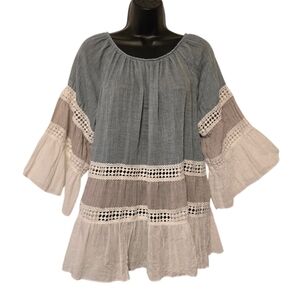 Boho Blue and White And Gray Gauze Blouse With Lace Detail Bell 3/4 Sleeves